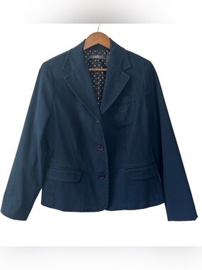 Liz Claiborne Navy Blazer with Embroidered Crest Pocket Polka Dot Lining Size 12